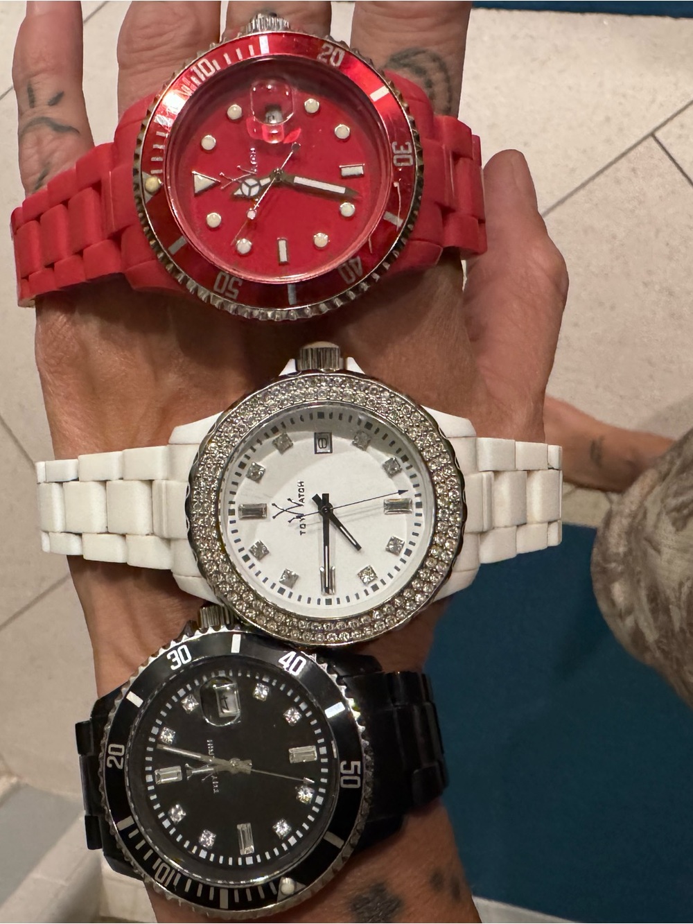 ToyWatch Trio: Red, White and Black Ceramic-Style Bracelet Watches